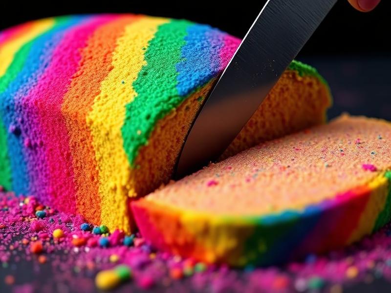 Rainbow kinetic sand being sliced