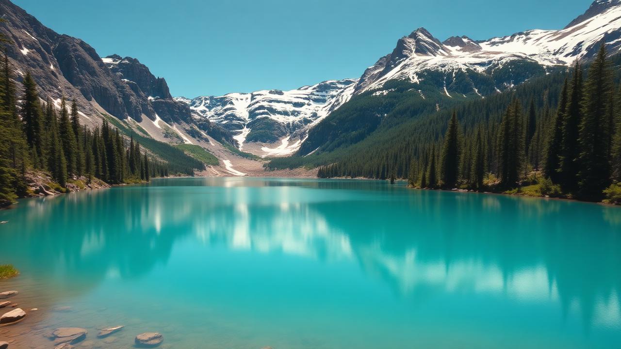 Scenic alpine lake footage playing on a screen